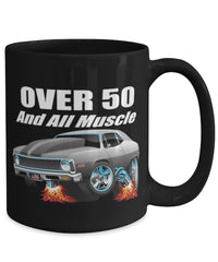 1971 Chevy Nova Over 50 Muscle Car CARtoons - Big 15 oz Black Coffee Mug - Muscle Car Crush