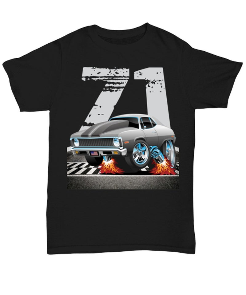1971 Chevy Nova Race Track Muscle Car CARtoons - Black Unisex T-Shirt - Muscle Car Crush