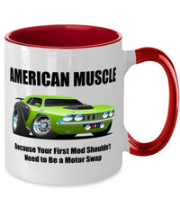 1971 Plymouth Cuda American Muscle Car CARtoons - 11 oz Red Two-Tone Coffee Mug - Muscle Car Crush