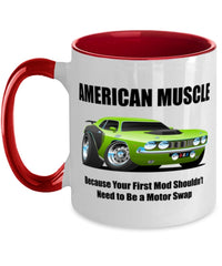 1971 Plymouth Cuda American Muscle Car CARtoons - 11 oz Red Two-Tone Coffee Mug - Muscle Car Crush