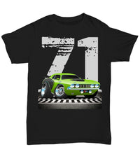 1971 Plymouth Cuda Race Track Muscle Car CARtoons - Black Unisex T-Shirt - Muscle Car Crush