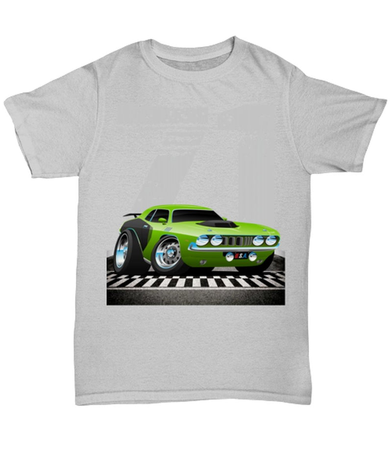 1971 Plymouth Cuda Race Track Muscle Car CARtoons - Gray Unisex T-Shirt - Muscle Car Crush