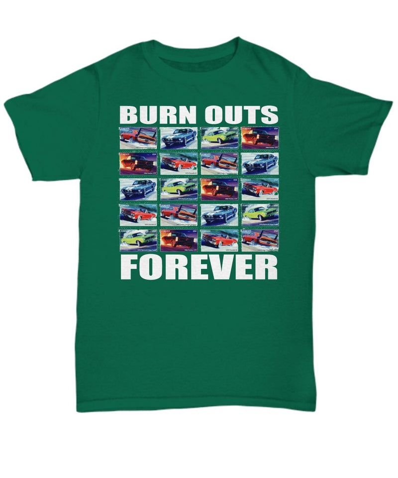 Burn Outs Forever Stamps, Muscle Car T-Shirt for your Car Guy, dark colors - Muscle Car Crush