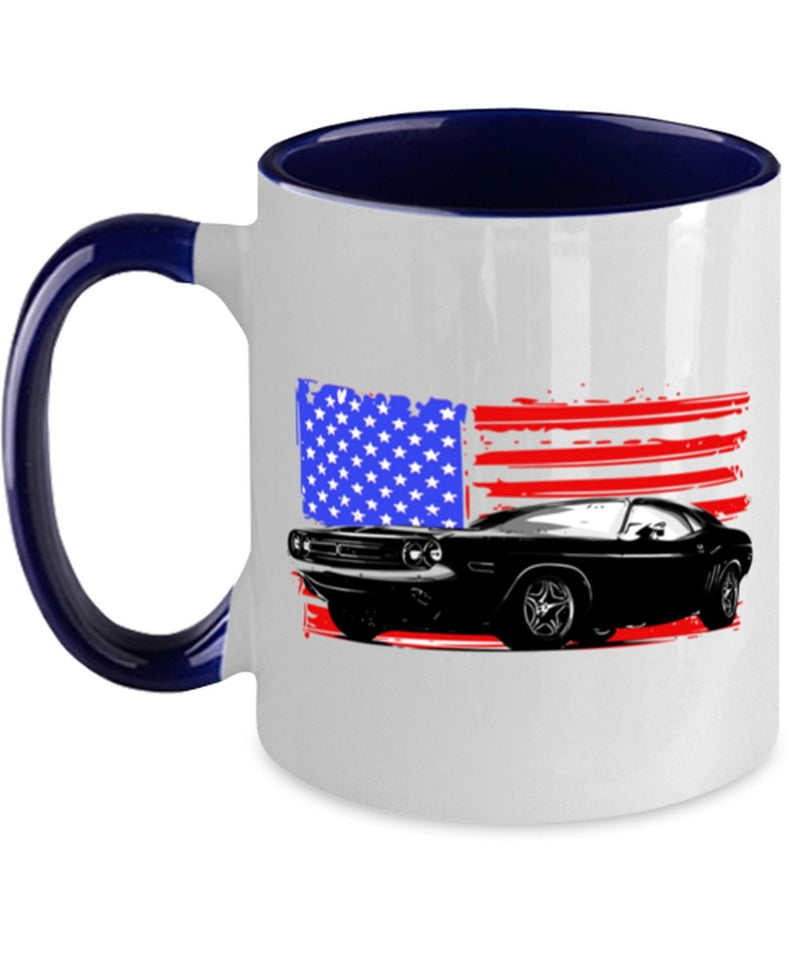 Dodge Challenger 1970 American Flag Muscle Car - 11 oz Blue Two-Tone Coffee Mug - Muscle Car Crush