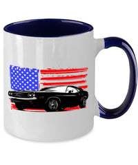 Dodge Challenger 1970 American Flag Muscle Car - 11 oz Blue Two-Tone Coffee Mug - Muscle Car Crush