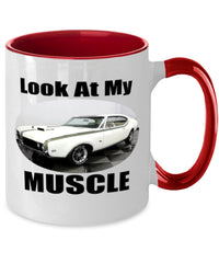 Look At My MUSCLE, Olds 442 muscle car - 11 oz Two-Tone Coffee Mug, Red - Muscle Car Crush